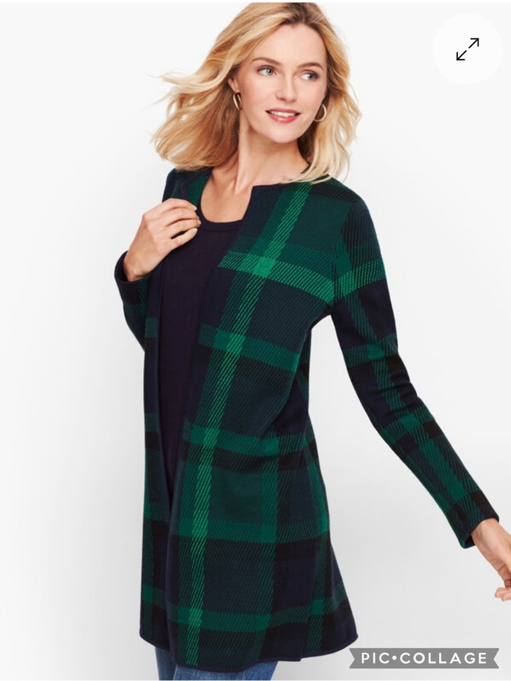 Talbots Cardigan Merino Wool Plaid Open Front Green Blue (fits a SP) Preppy